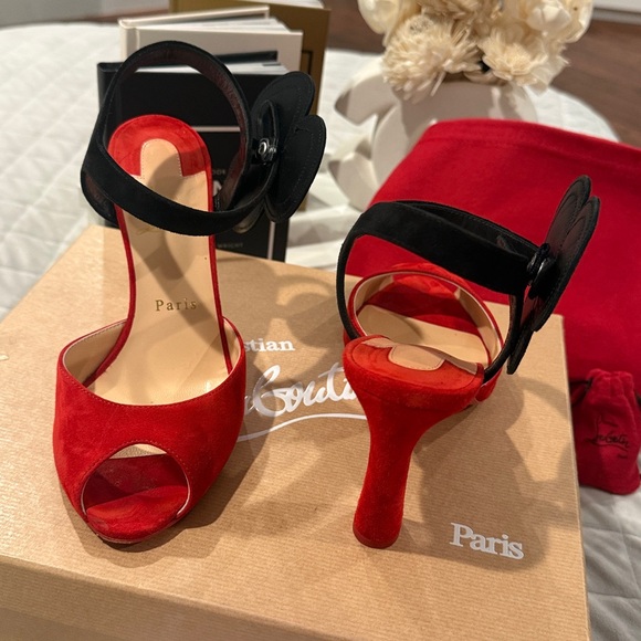 Christian Louboutin Pansy 85 Veau Velours Red and Black Floral Peep Toe Heels - Picture 8 of 9